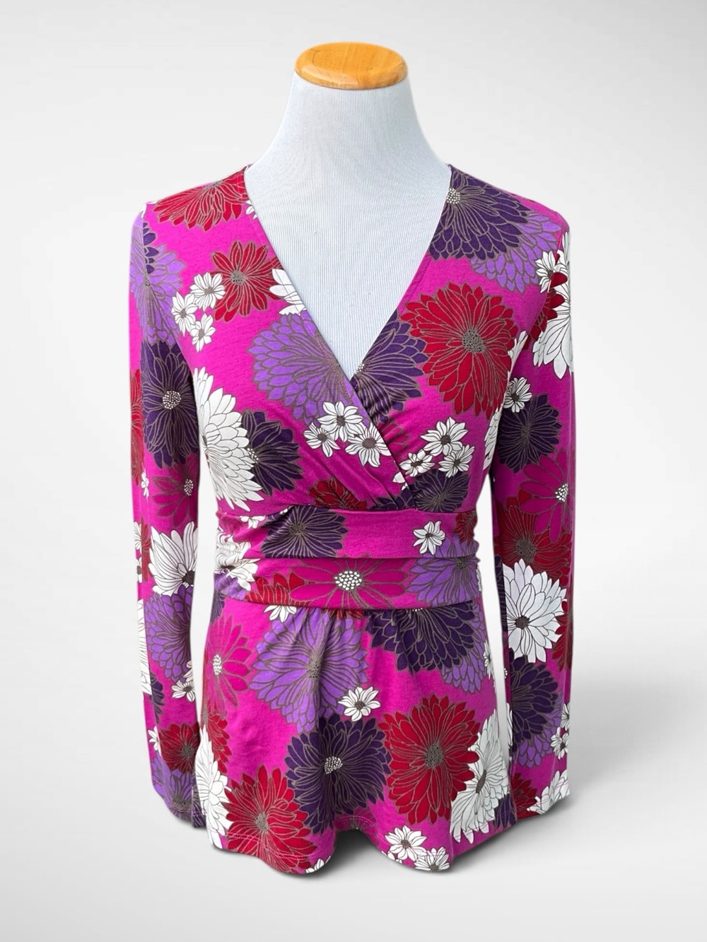 NWT Ann Taylor Pink Floral Long-Sleeve V-Neck Wrap Top